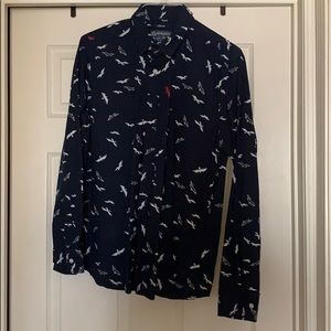 Navy Bird Themed Button Down Shirt
